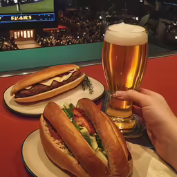 two submarine sandwiches sitting on plates next to a beer