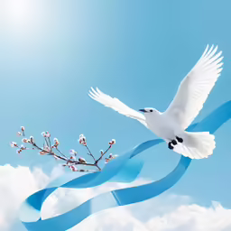 a bird flying over a blue ribbon and flowers