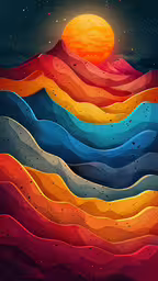 an artistic painting of mountains and the sun,painting with a mountain in the background with sun rising over the top