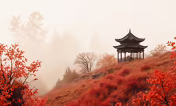 a tall pagoda sits on top of a hill in the middle of a field