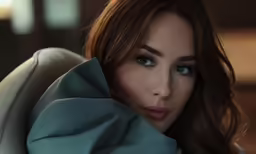 a woman with brown hair and light blue eyes