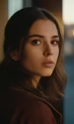 a woman with brown hair and long eyelashes