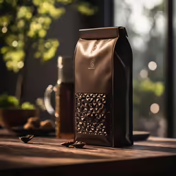 a chocolate drink in a black paper bag