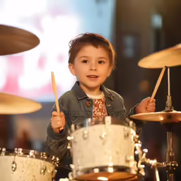 little boy holding a drumstick and pointing to a rock on a drum kit