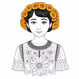 the illustration shows a young girl with sunflowers in her hair,an illustration with a girl