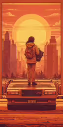 a man with backpack standing on top of a car,a man standing on a platform with a backpack