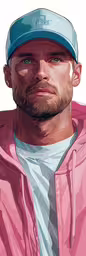 a man with a baseball cap standing in front of a drawing,a man wearing a hat is looking straight ahead