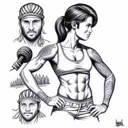 a black and white drawing of a woman standing next to a man,a woman with long hair in the front and side tattoos standing behind a man with headphones on,drawing of a man and woman,some tattoos on a woman, and a man,an ink drawing of a woman standing with her arms on hips