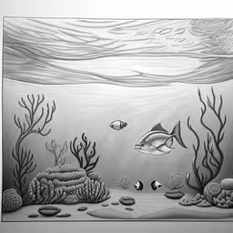 an underwater scene of some sort with fish,an underwater scene with two fish swimming over water and an assortment of corals,the drawing shows a underwater scene with two fish,a drawing of some sort of underwater scene,a drawing of an underwater scene with fish and corals