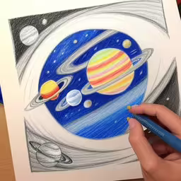 this drawing is of a space shuttle with a star and the planets