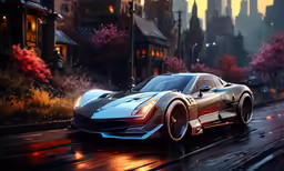 a painting depicting a sports car in front of a city at dusk