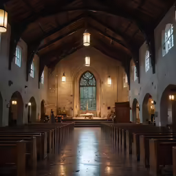 an empty church with two rows of pews