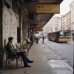 a row of chairs is sitting on the street next to a bus
