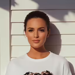 a beautiful woman standing in front of a wall