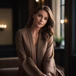 a woman in a brown suit looking into the camera