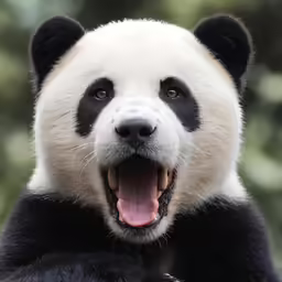 a white and black panda bear is making an odd face