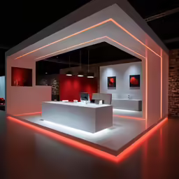a white counter with lights in an office