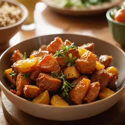 a bowl is filled with a meat and vegetable dish