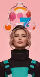 woman with an acrylic costume on top of her head