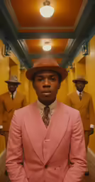 an african american man in a suit and hat stands in the hallway between two other black men