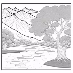 a coloring page depicting a landscape with trees, mountains and a river,a tree that is next to a mountain