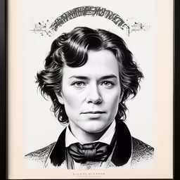 a framed black and white drawing of an older woman