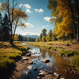 some trees and water in the grass