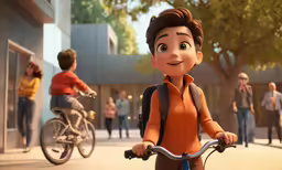 an animated image of an boy in a shirt on a bicycle