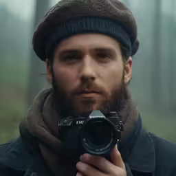 man in a hat takes a picture with his camera