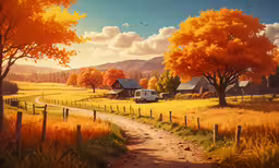 a home by some dirt roads with trees and grass,this is a digital painting of a farm