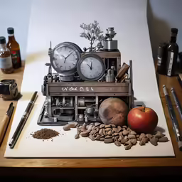 some different clocks and coffee beans and an apple on a table