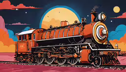 a poster with an image of a steam train on the tracks,an artistic image of a locomotive with a full moon and stars in the sky