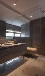 a modern bathroom in the middle of an empty room