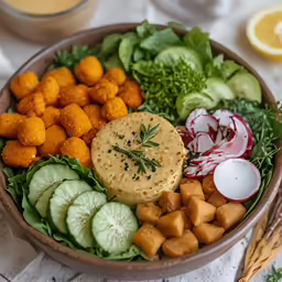 a large salad made with cucumbers, lettuce, onions and other things