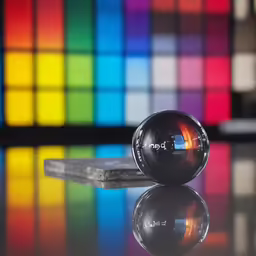 a ball next to some color chips