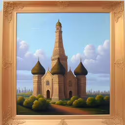 a painting of a church with domes painted on it,a painting of a beautiful old church in oil