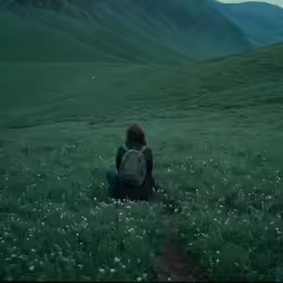 a girl sitting on top of a lush green field