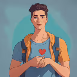 cartoon male illustration of young guy with heart on chest,a guy wearing a backpack and holding a heart