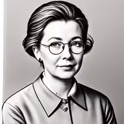 black and white portrait of an older lady wearing glasses