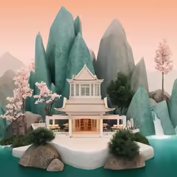 an illustration with water, rocks, trees and small house on land