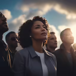a beautiful woman standing in front of other men
