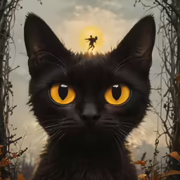 a black cat with yellow eyes in front of a full moon sky