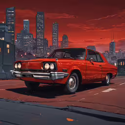 an old fashioned red car is on the street in front of a city at night,a red car is parked next to an urban setting