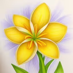 a yellow flower is shown in color and is on a white wall,a flower with a light green stem on it