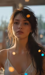 a close up of a young woman in white clothes