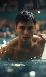 a shirtless man standing in a swimming pool