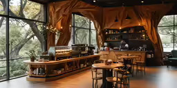 tables and chairs with wooden floors inside a restaurant