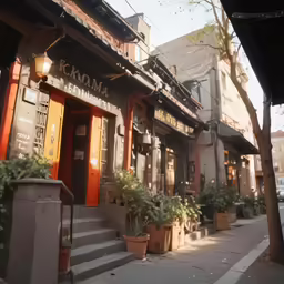 a narrow street has tall brown buildings and plants