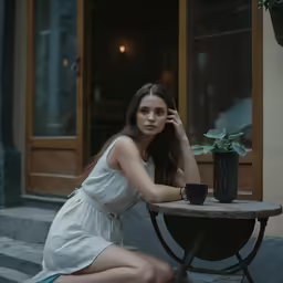 a woman sits on the side of a building and leans forward in front of a potted plant