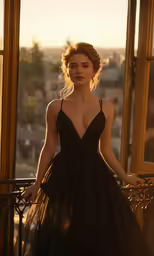a woman wearing a dress posing by a window